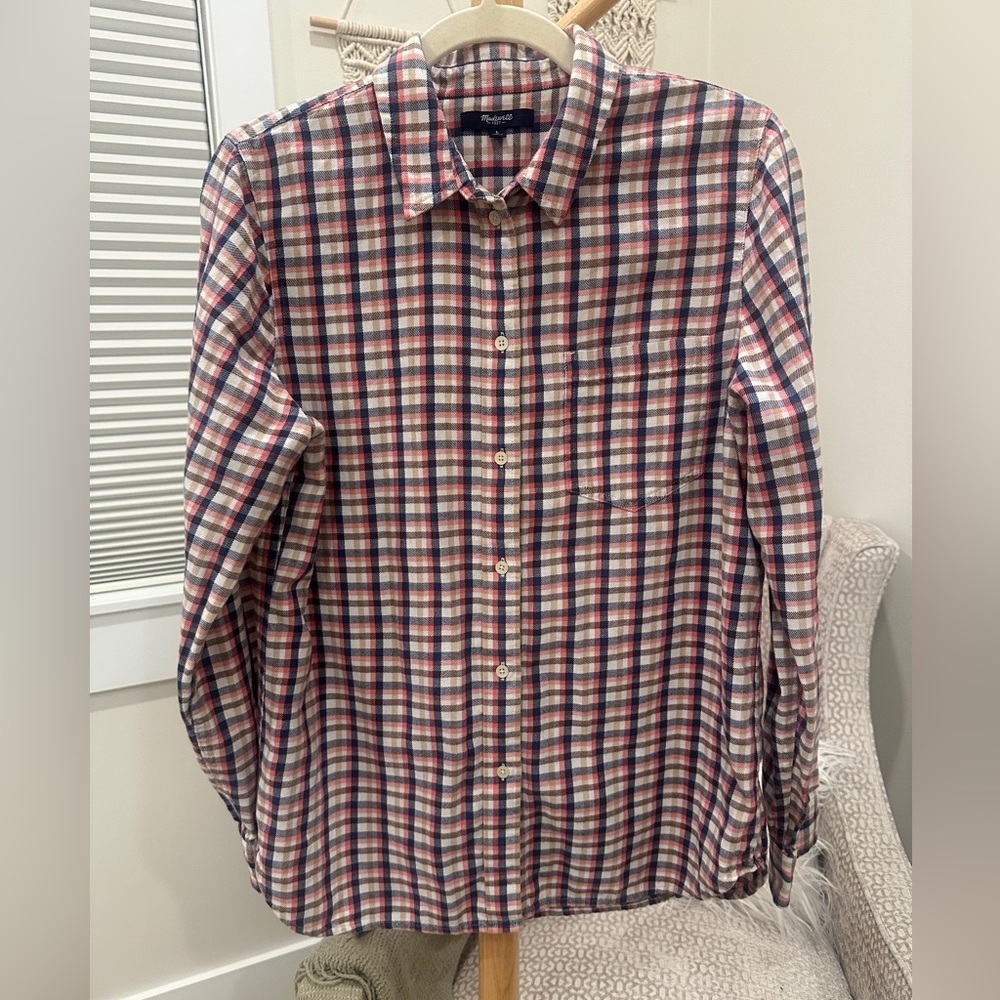 Madewell Plaid Button Front Shirt | Red Navy Cream | Large - Picture 2 of 6